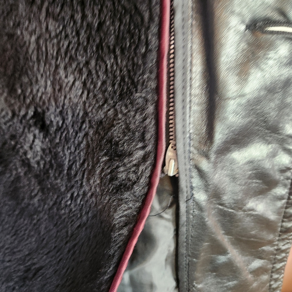 Vintage 1970s Long Black Leather Coat Jacket Mens size Medium Faux Fur Winter - Picture 9 of 16